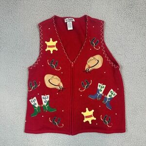 Tiara International Western Boot Cowboy Hat Sweater Vest Womens M Red Embroidery